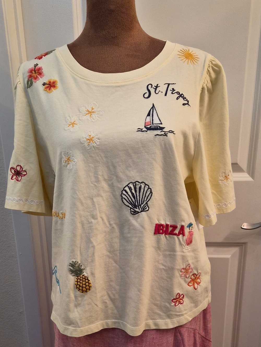DRIFTWOOD Pale Yellow Embroidered Short Sleeve Tee with Multicolor Motifs